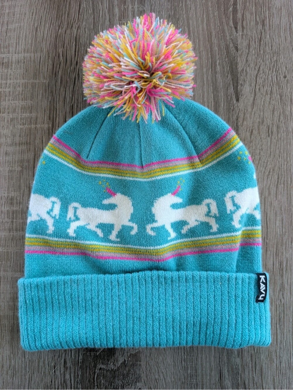 KAVU Beanie Hat Unicorns Teal Pink Pom Pom Winter Ski Snowboard Hiking